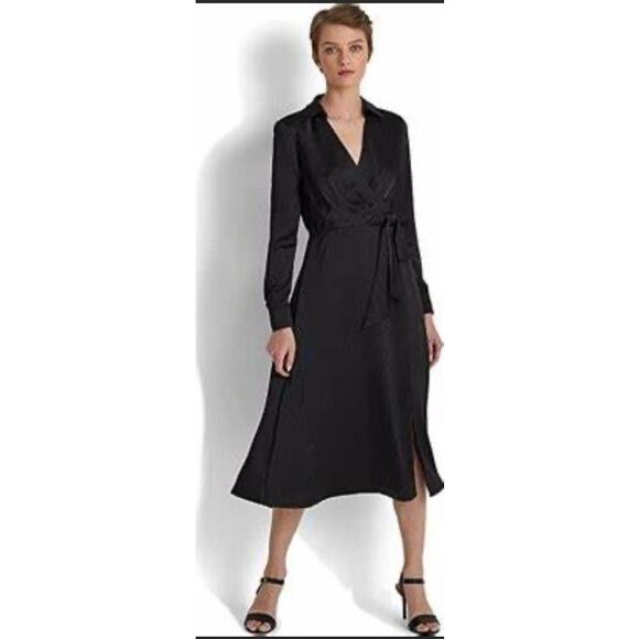 Lauren Ralph Lauren Long Sleeve Wrap Midi Charmeus Surplice Satin black dress - Picture 1 of 12